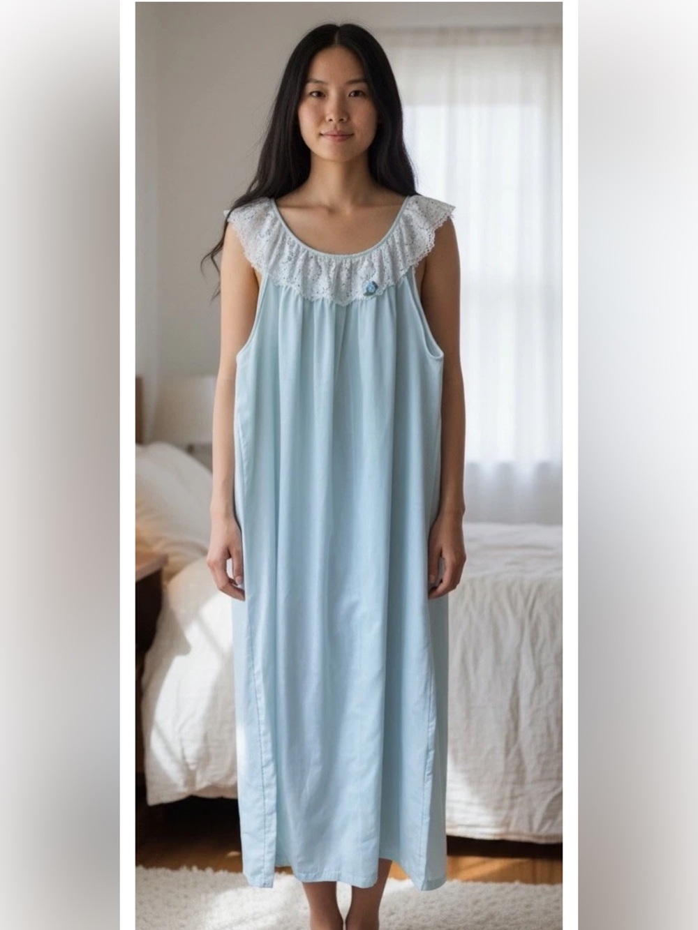 Vintage GILEAD Nightgown Large Blue Lace Trim Pullover Full Length Sleeveless